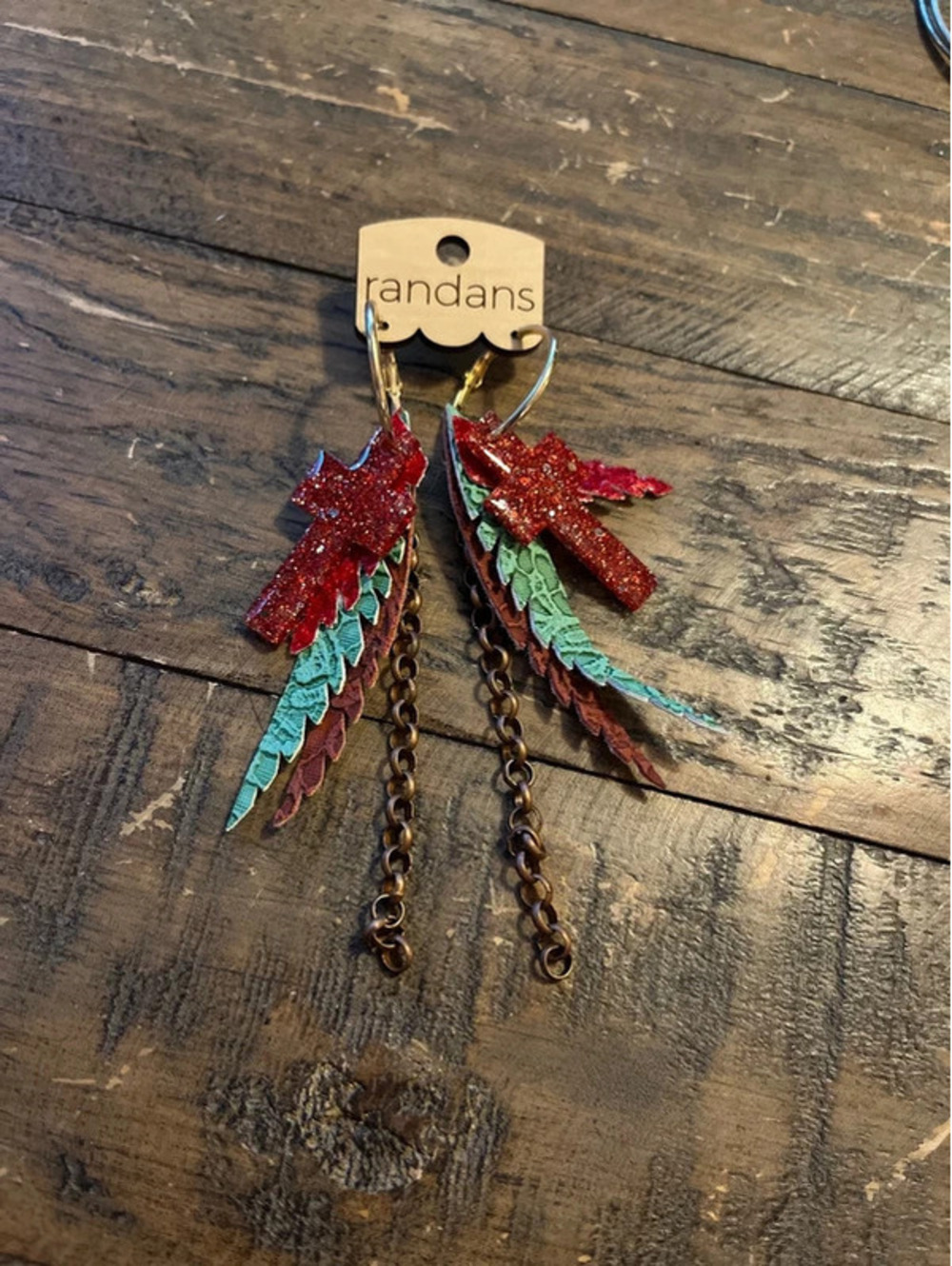 Randans Boho Cross Dangle Hoop Earrings – Western Teal Leaf & Chain Fringe